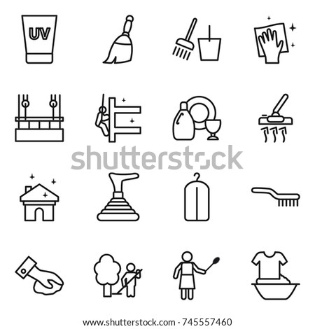 thin line icon set : uv cream, broom, bucket and, wiping, skysrcapers cleaning, skyscrapers, dish cleanser, vacuum cleaner, house, plunger, dry wash, brush, garden, woman with duster, handle washing