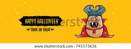 vector funny cartoon cute dracula potato with fangs and red cape isolated on orange background. happy halloween horizontal banner background . vampire monster vegetable funky character