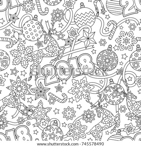New year 2018 hand drawn outline festive seamless pattern with snowflakes, christmas balls, deers and stars isolated on white background. coloring antistress book for adult. Art vector illustration.