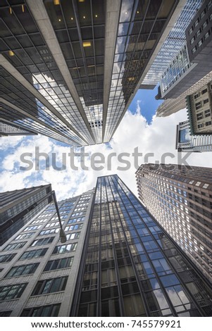 Low Angle Architectural View of Modern Glass Skyscrapers, Manhattan, New York City, New York, USA