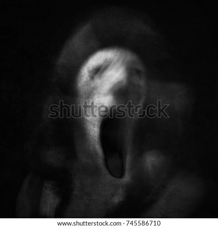 Scream of horror. Screaming ghost face. Scary Halloween mask. Surreal portrait. Black and white photo. Shot with long exposure.
 Royalty-Free Stock Photo #745586710