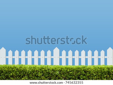 White wooden fence on a clear blue sky background. Green bush or Green leaves wall in the park