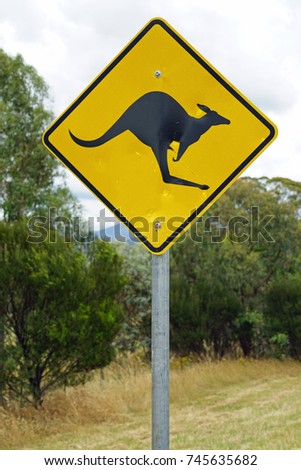 A yellow kangaroo crossing road sign on the road in Australia