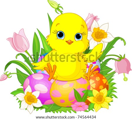 Illustration of newborn chick sitting on Easter eggs