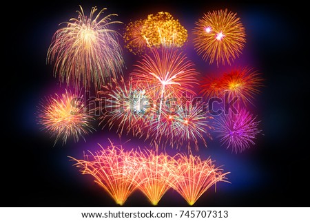 beautiful firework display set for celebration happy new year and merry christmas and  fireworks on black isolated background