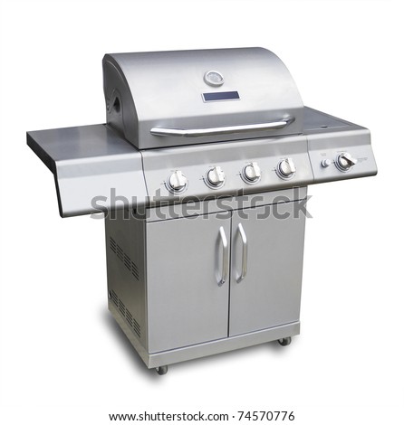 Barbecue gas grill in stainless steel, isolated with shadow and clipping path over white.