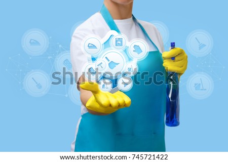 Cleaning lady shows cleaning services and work at home.