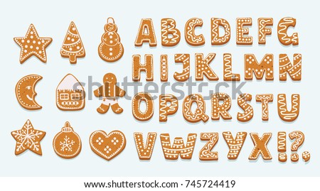 Vector cartoon set of alphabet holidays ginger cookie isolated on white background. Merry Christmas and Happy New Year figures cover by icing-sugar Royalty-Free Stock Photo #745724419