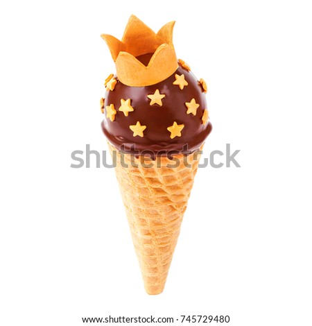 Chocolate cake pop with crown in waffle cone for ice cream, decorated with gold confectionery sprinkles in the form of star, isolated. Picture for a menu or a confectionery catalog.