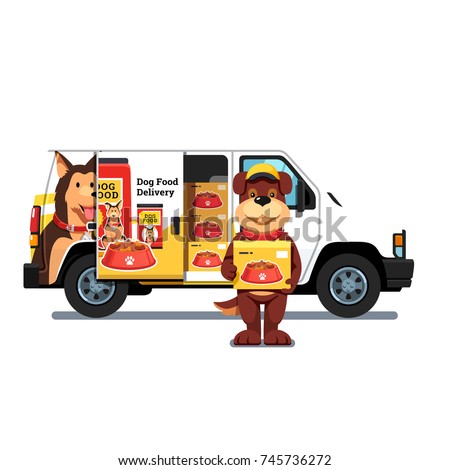 Dog delivering in delivery man baseball cap holding cardboard box with pet food in paws. Dog food delivery truck full of packages with pet bowl. Flat vector illustration isolated on white background.