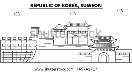 Republic Of Korea, Suweon architecture skyline buildings, silhouette, outline landscape, landmarks. Editable strokes. Urban skyline illustration. Flat design vector, line concept Royalty-Free Stock Photo #745741717