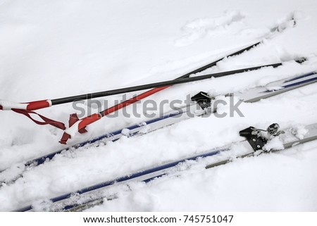Ski poles and skis with bindings lay in the snow. The view from the top.