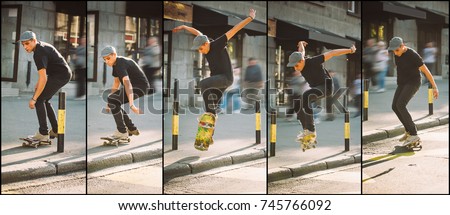 Skateboard curb and roadside street jump and trick sequence. Free ride school skateboarding. Traffic skate style Royalty-Free Stock Photo #745766092
