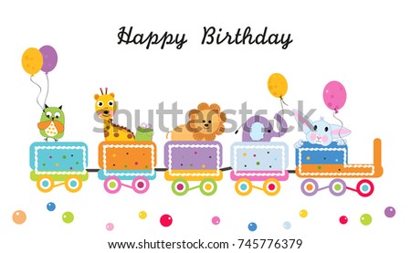 Happy birthday train with animals vector. Colorful greeting card