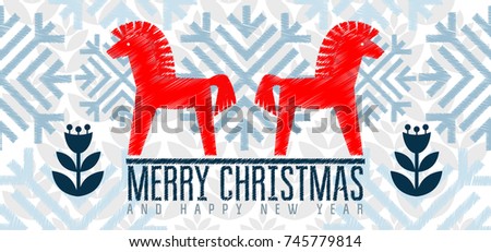 Merry Christmas and a Happy New Year banner,  background for festive design, scandinavian horse.
