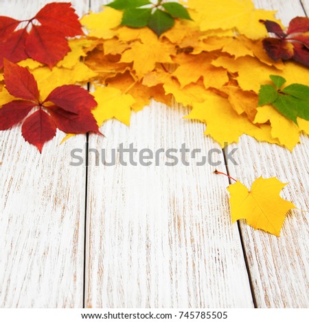 Frame made of fall colorful leaves on wooden  background