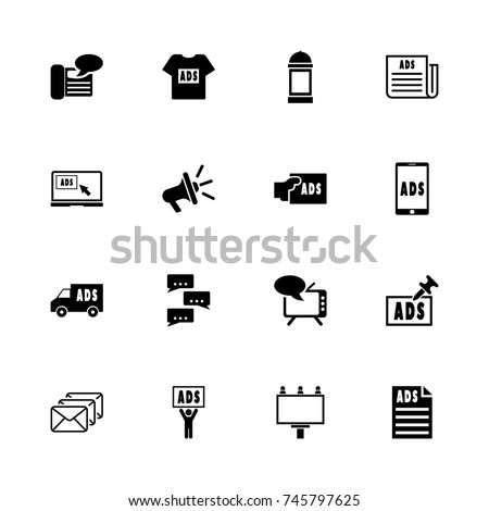 Advertisement icons - Expand to any size - Change to any colour. Flat Vector Icons - Black Illustration on White Background.
