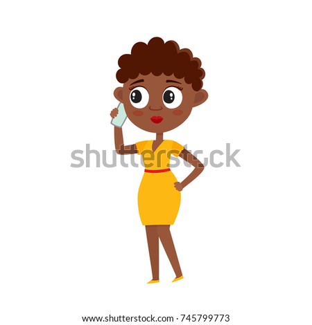 African american business woman with smartphone in cartoon style isolated on white. Vector illustration of stylish woman hold book used for magazine, book, poster, card.