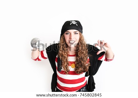 Woman dressed up in festive pirate costume