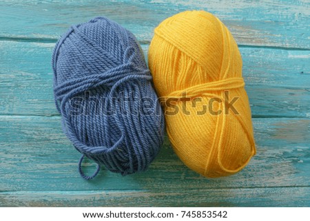 Wool yarns for knitting. Close-up Blue and yellow color