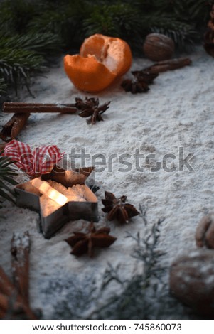 Christmas star on winter food background. December Holidays