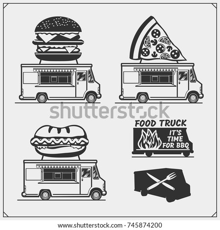 Food truck street festival emblems, badges, logos and design elements.