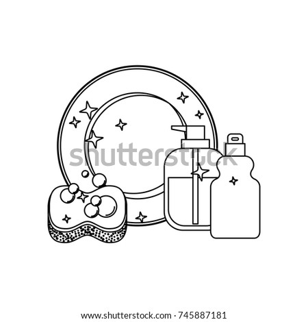 dish and sponge and dishwasher soap in monochrome silhouette vector illustration