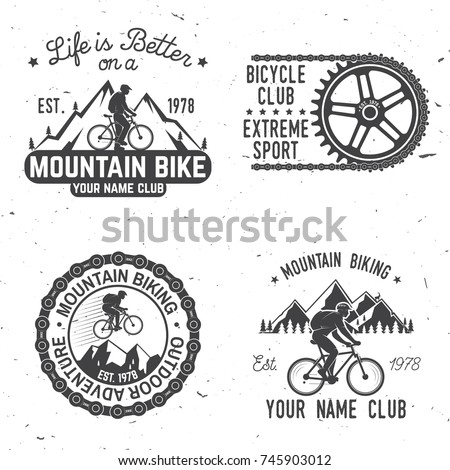 Set of Mountain bikings clubs. Vector illustration. Concept for shirt or logo, print, stamp or biking tourism. Vintage typography design with car and trailer, bikes and mountain silhouette.