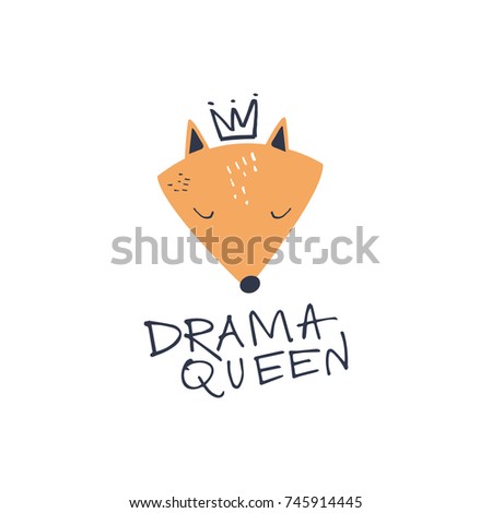 Vector cute fox and inscription "Drama queen". Poster, postcard, sticker, print, illustration, elements for design and other.