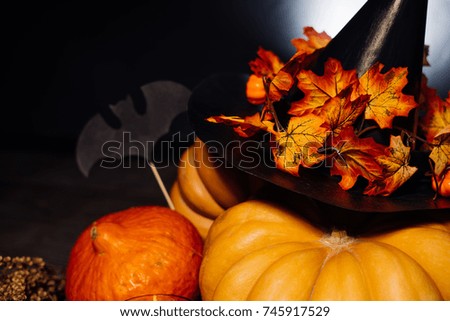 to create a halloween atmosphere, there are yellow and orange pumpkins, a black witch hat decorated with yellow maple leaves