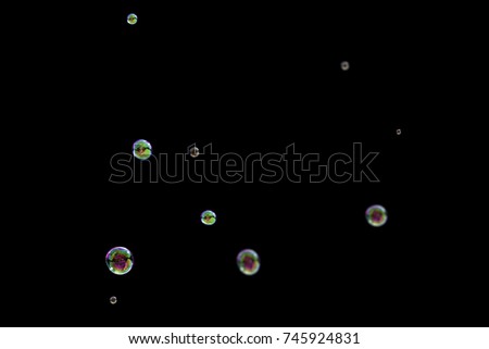 Random flying soap bubbles isolated on the black background for overlay design.
