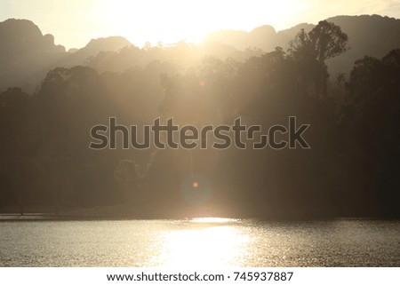 The beauty of nature in the morning in the forest in the middle of the water. Ratchaprapa dam, khao sok national park in surat thani southern of thailand.