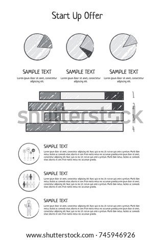 Startup offer visualization on black and white poster with statistics, bar chart and pie graphs. Vector illustration with detailing on data about business