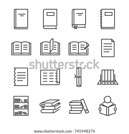 Books line icon set. Included the icons as book shelf, stack, read, notebook and more.