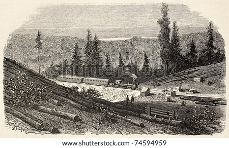 Old illustration of Union Pacific Railroad across Bear valley, California, USA. Created by Blanchard, published on L'Illustration, Journal Universel, Paris, 1868