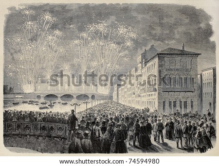 Old illustration of fireworks show in Florence. Created by Pauquet and Cosson-Smeeton, published on L'Illustration, Journal Universel, Paris, 1868