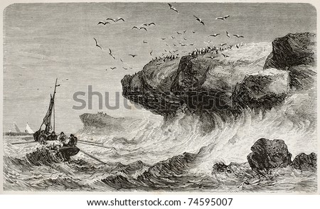 Cliffs erosion by waves at Quiberon, Britanny, France. Created by Lapeatie, published on L'Eau, by G. Tissandier, Hachette, Paris, 1873