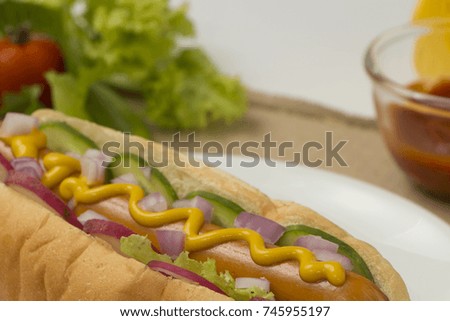 Hot Dog with Mustard and onions with vegetables