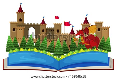 Book with castle towers and dragon illustration