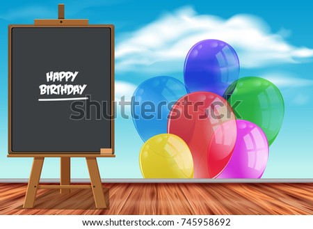 Happy birthday card with colorful balloons illustration