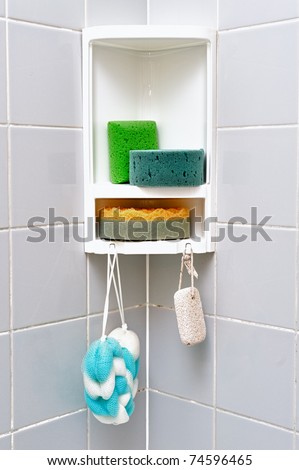 sponge on shelf in the bathroom