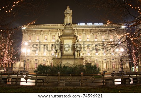 Leonardo's monument on Piazza Della Scala at night. Milan, Italy Royalty-Free Stock Photo #74596921