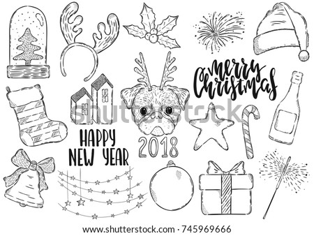 Vector hand drawn illustration. Set of xmas elements for greeting card design. Lettering Merry Christmas and Happy new year.