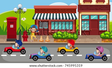 Children driving carts on the road illustration