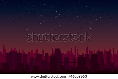 vector night cityscape illustration. buildings silhouette, starry glowing sky 