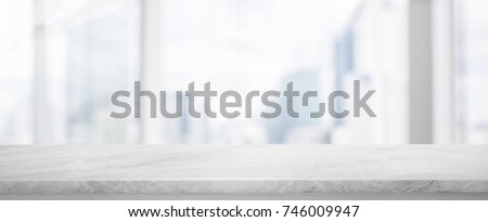 White Stone table top and blur glass window wall building banner background with vintage filter - can used for display or montage your products. Royalty-Free Stock Photo #746009947