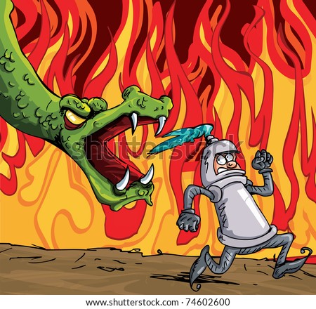 Cartoon of a knight running from a fierce dragon. Fire in the background