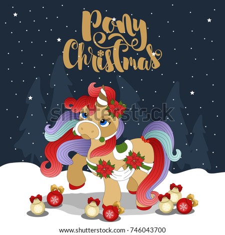 Christmas pony on a winter background with lettering. Vector illustration.