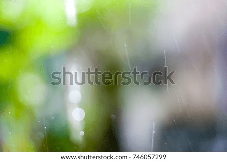 Rainy texture. Bokeh lights and Falling rain dropson a nature background .  Colorful light city  life in a rainy day