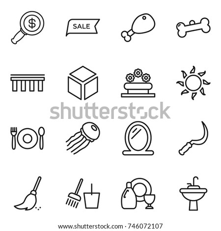 thin line icon set : dollar magnifier, sale, chicken leg, bone, bridge, 3d, flower bed, sun, cafe, jellyfish, mirror, sickle, broom, bucket and, dish cleanser, water tap sink